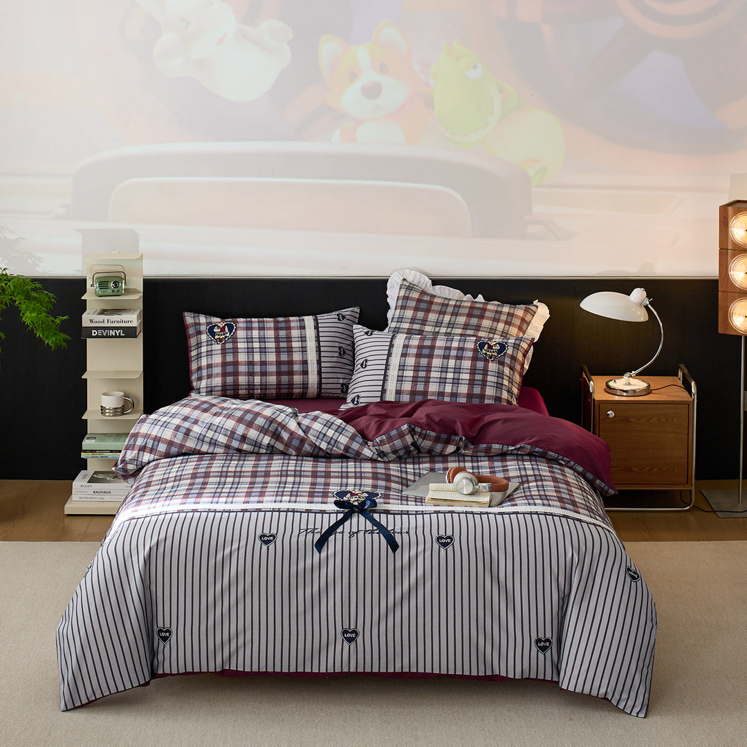 Reversible Plaid and Pinstripe Cotton Sateen Duvet Cover Set with Embroidered Heart Appliqués and Contrast Solid Backing