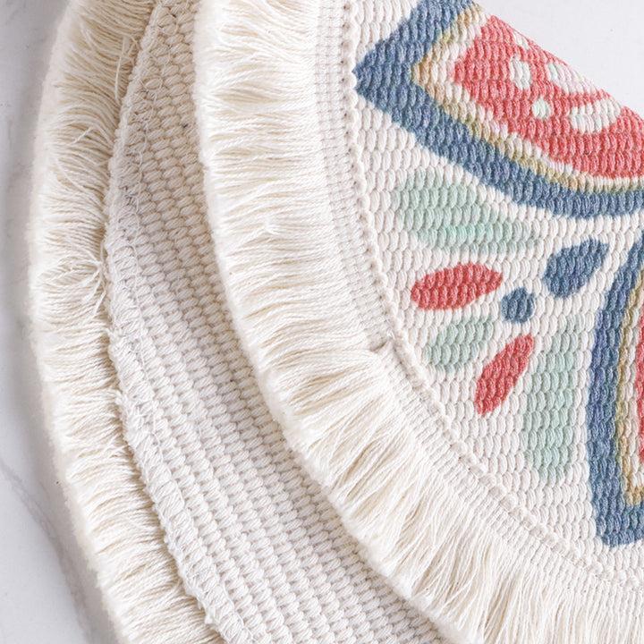Beef flat-woven floor rug in Boho-Mandala design with cotton fringes