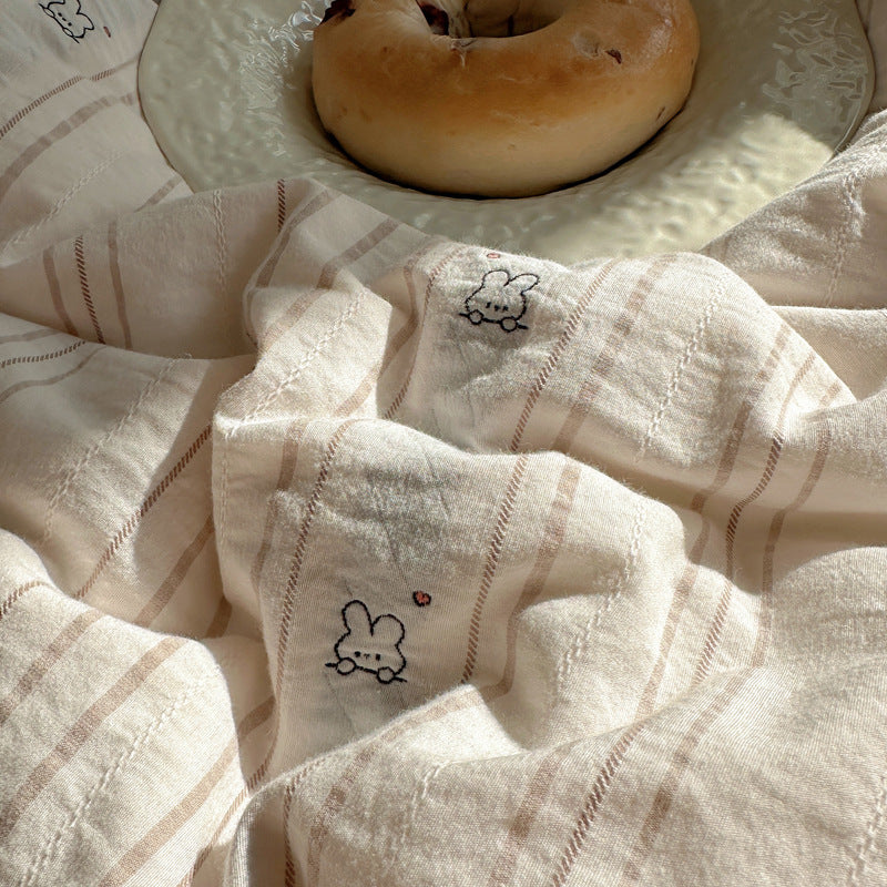Cotton Washed Stripe Duvet Cover Set with Mini Bear Motif Pillow Shams