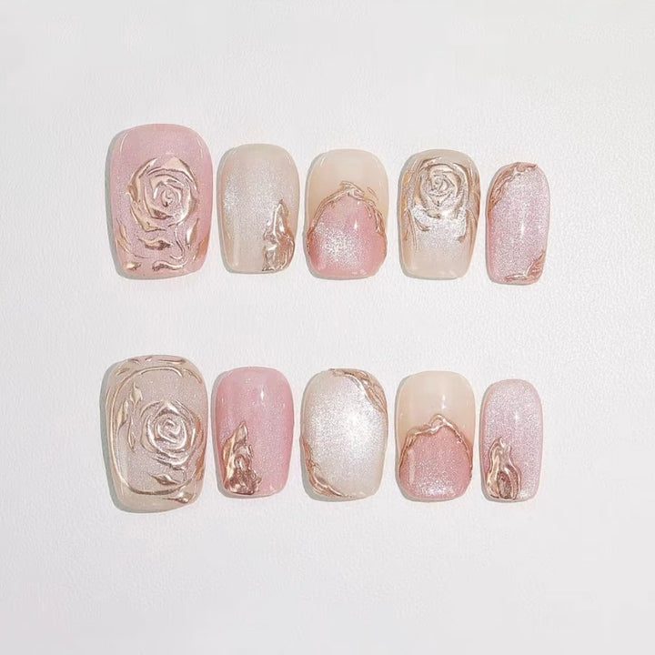 Floral-Engraved Press-On Nail Design Set