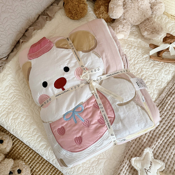 Children's sleeping bag and pillowcase set with quilted dog motif appliqué