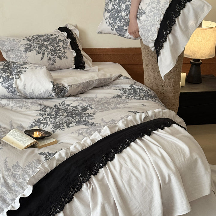 Toile-Print Ruffled Cotton-Linen Duvet Cover Set with Lace-Trim Bedskirt
