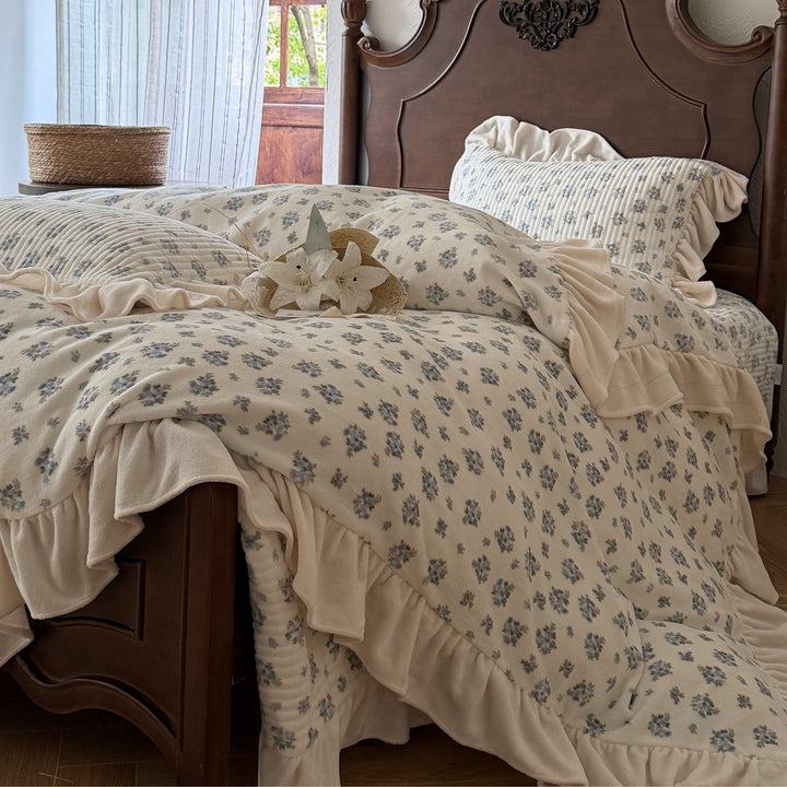 Floral Quilted Ruffled Duvet Cover Set with Gathered Pillow Shams