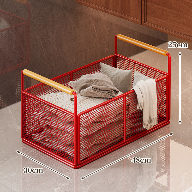 Rectangular Metal Mesh Storage Basket with Dual Wood-Hand Grips