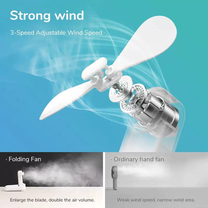 Unisex one size foldable rechargeable triple handheld mini fan with integrated power bank USB-C and USB-A connections as well as wrist strap Stornfield