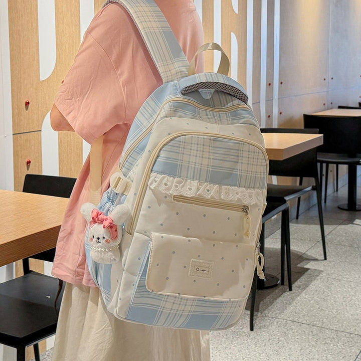 Plaid Patterned School Backpack with Cute Bunny Keychain Stornfield