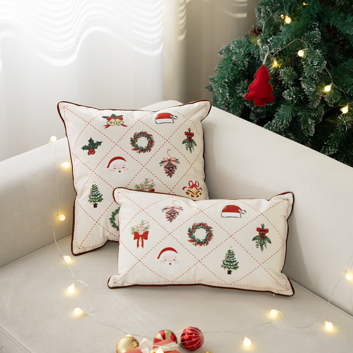 Rectangular decorative pillowcase with Christmas embroidery motifs and piping Stornfield