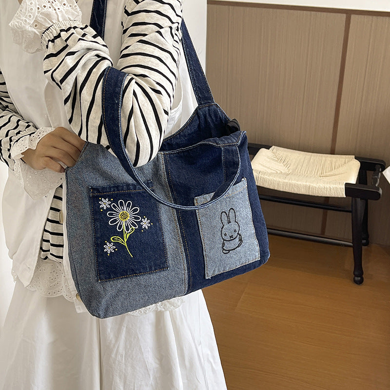 Artistic Embroidered Denim Handbag