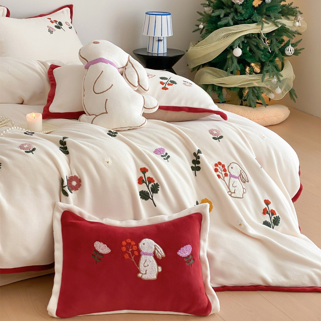 Embroidered Bunny Floral Cotton-Sateen Duvet Cover Set with Piped Edge and Decorative Shams