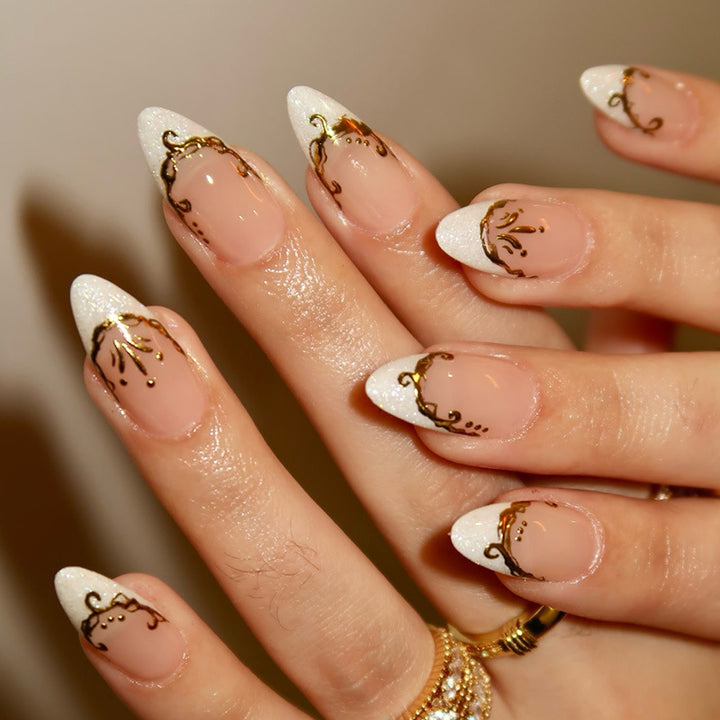 Decorative Premium Press-On Nail Set with Gold Accents Stornfield