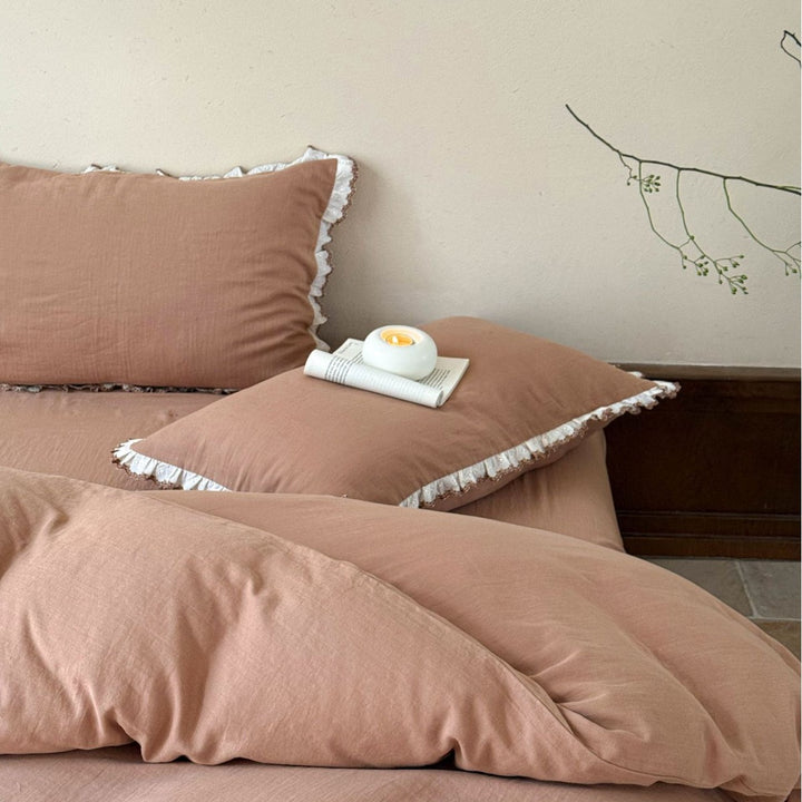 Ruffled Lace-Trim Washed Cotton Duvet Cover Set with Pillow Shams