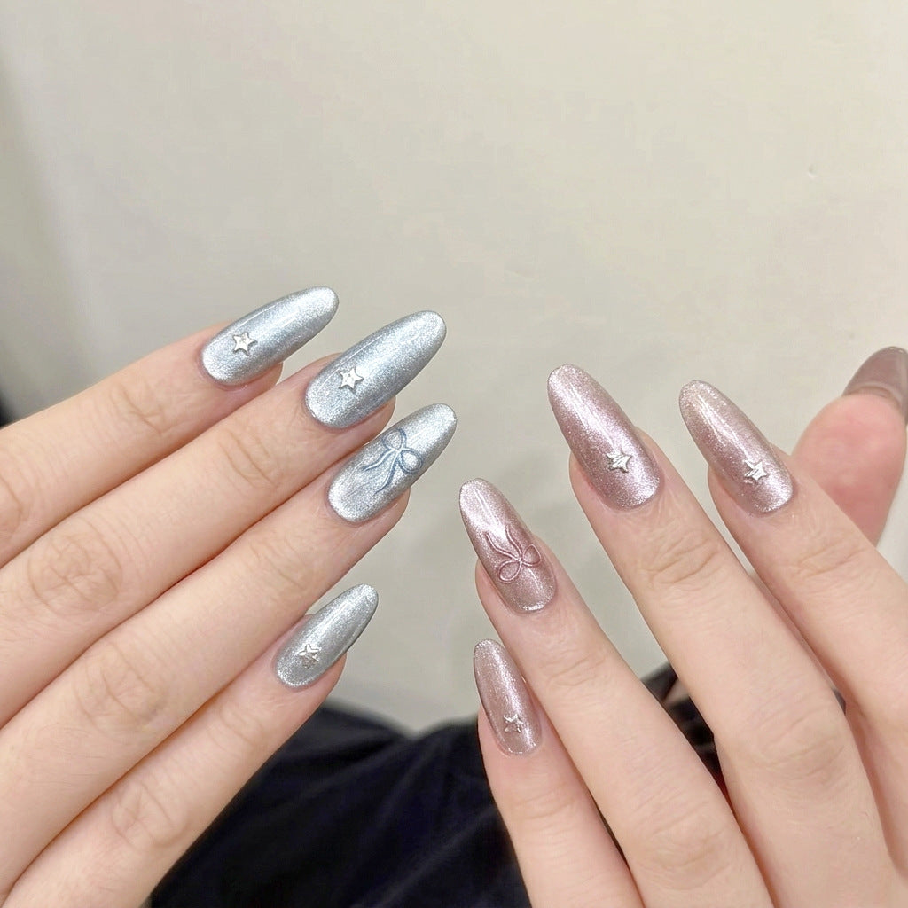 Charming Metallic Press-On Nails with Bow Accents