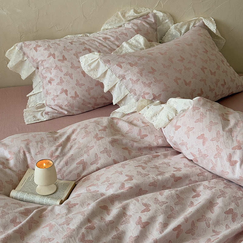 Romantic Cotton Sateen Butterfly-Print Duvet Cover Set with Eyelet Ruffle