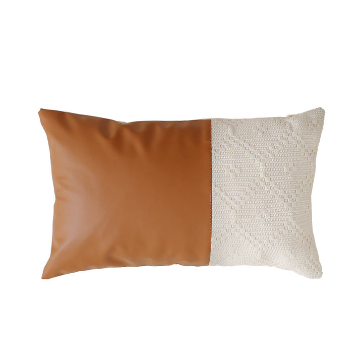 Square faux leather decorative cushion with woven central stripe and fringes