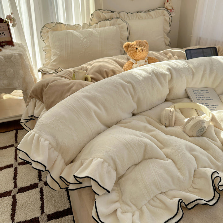 Plush Jacquard Quilted Duvet Comforter with Ruffle Trim and Contrast Piping