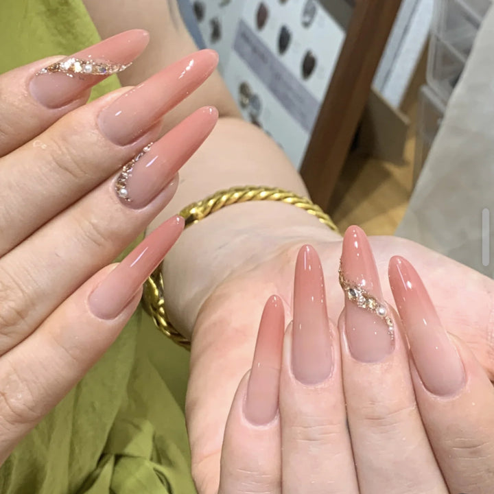 Premium Long Almond-Shaped Press-On Nail Set with Floral and Crystal Accents Stornfield