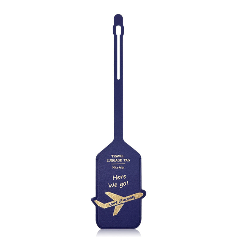 premium leather travel luggage ID tag with embossed airplane motif and adjustable strap Stornfield