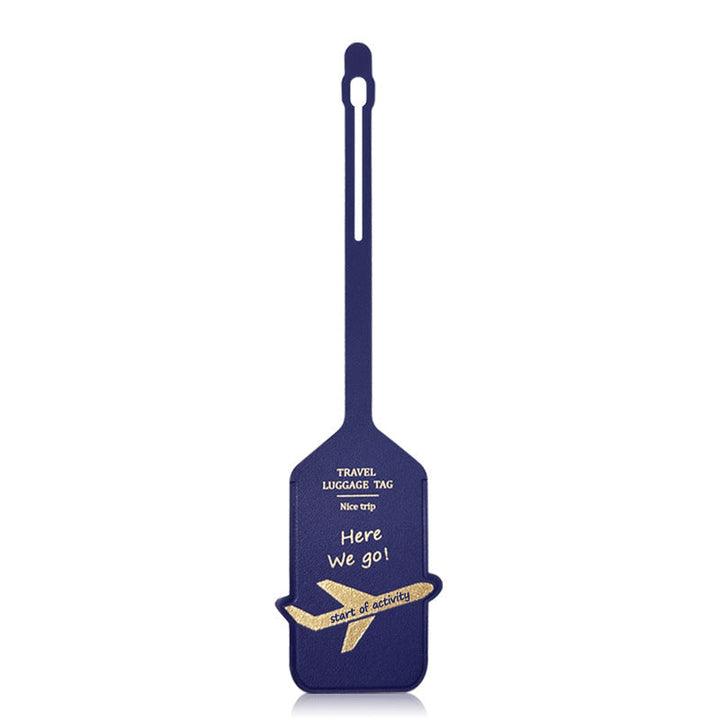 premium leather travel luggage ID tag with embossed airplane motif and adjustable strap Stornfield