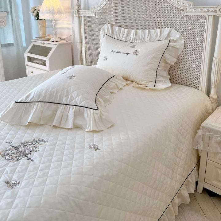 Quilted Ruffled Embroidered Bedspread Set with Matching Pillow Shams