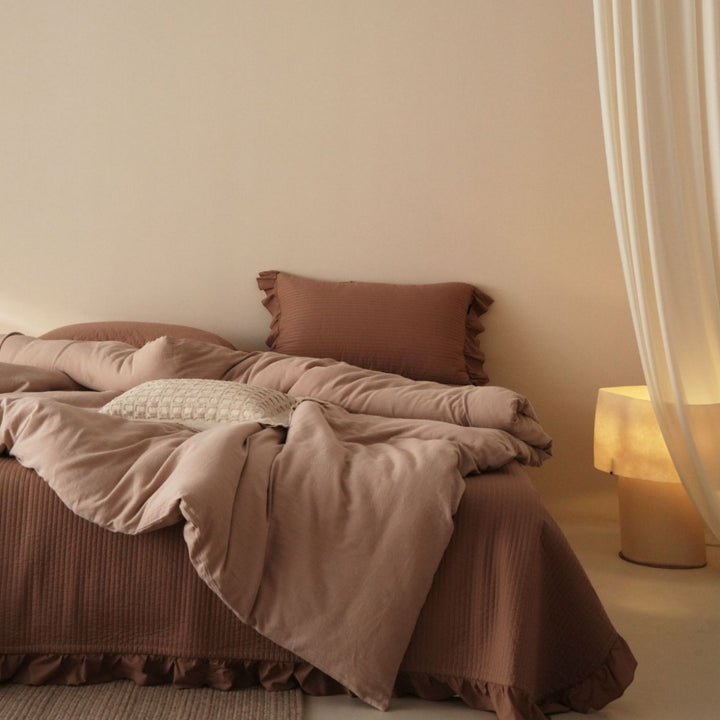 Reversible Washed Cotton Duvet Cover Set with Ruffled Edge and Plush Down-Alternative Comforter