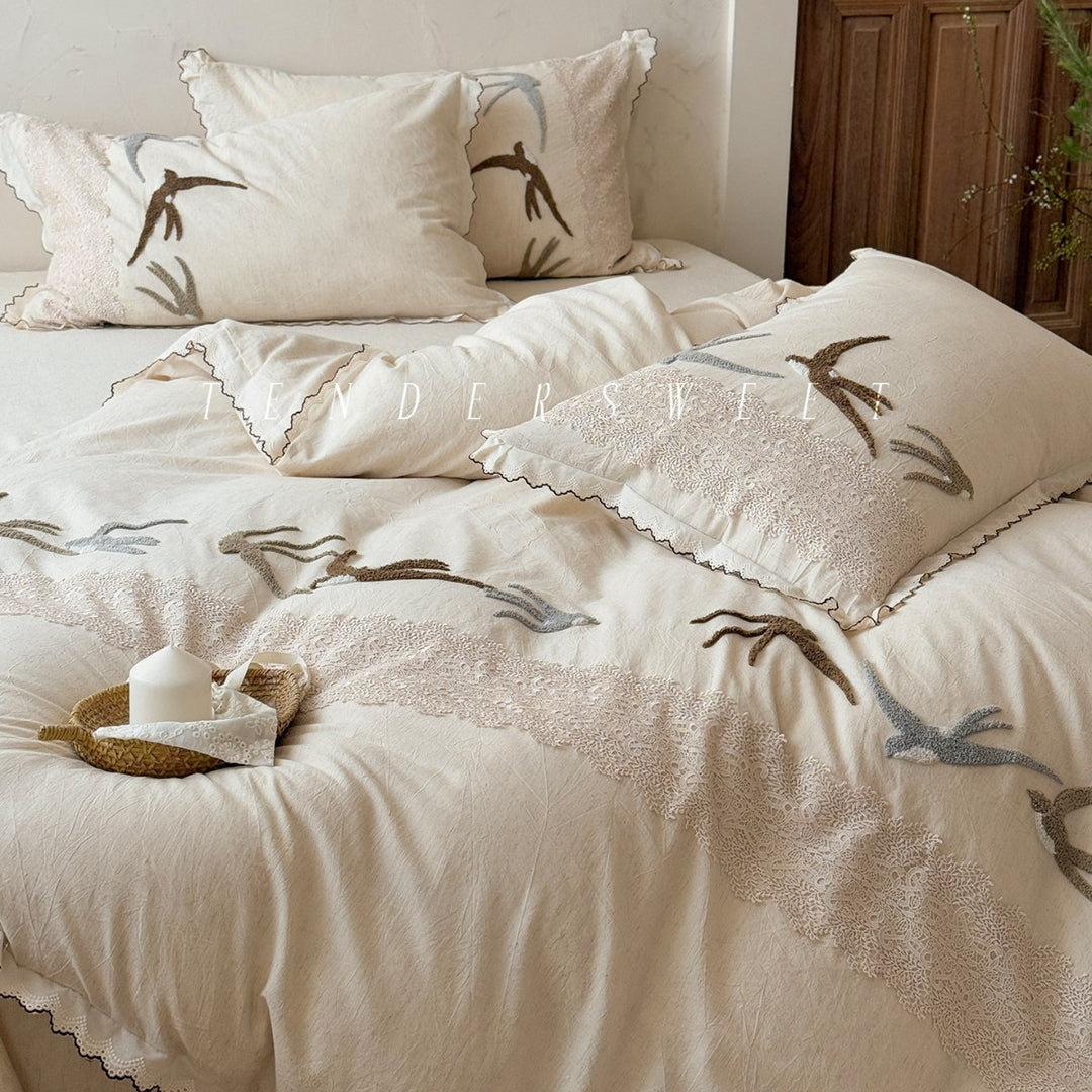 Embroidered Bird Linen-Blend Duvet Cover Set with Scalloped Lace Trim