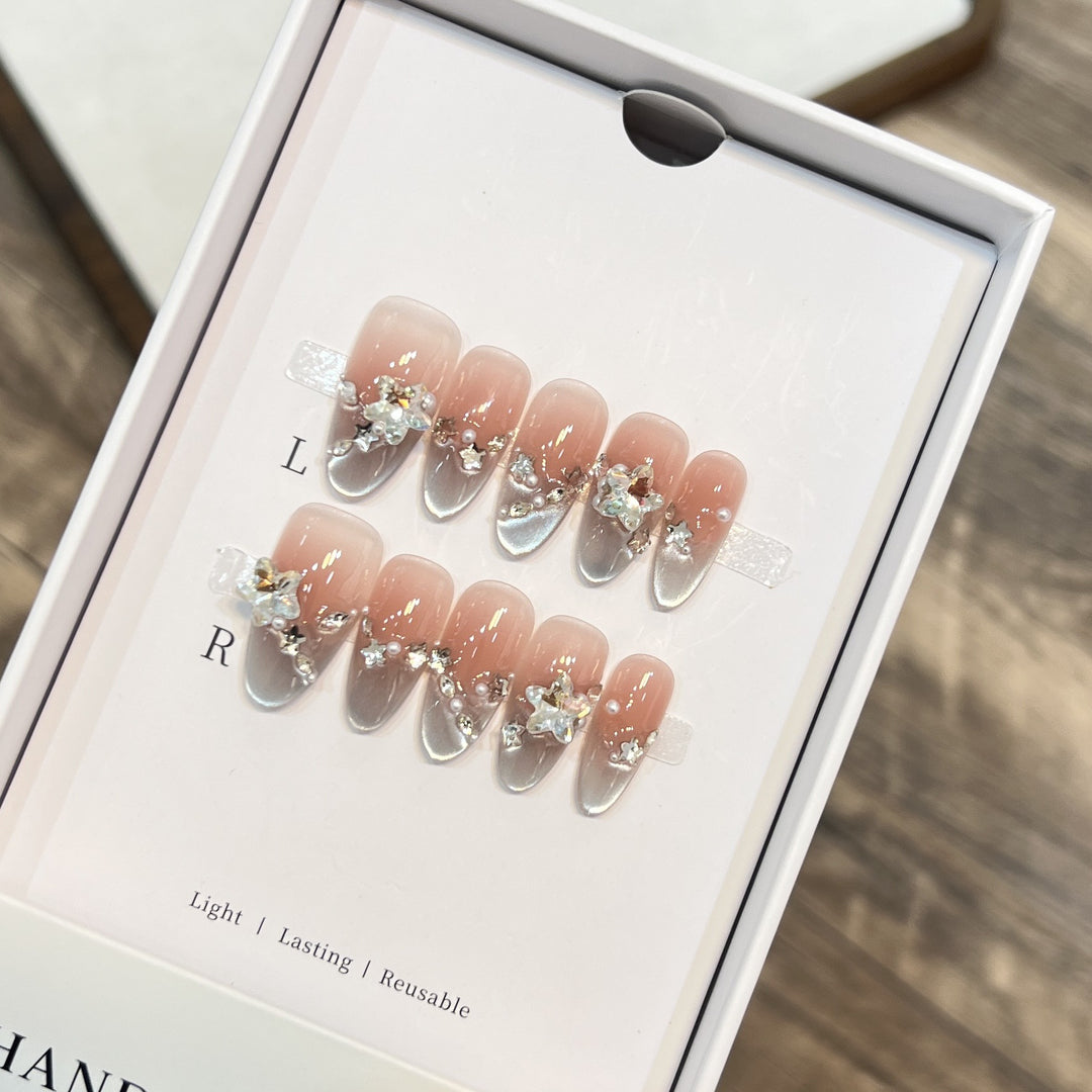 Elegant Press-On Almond Nails with Floral Accents Stornfield