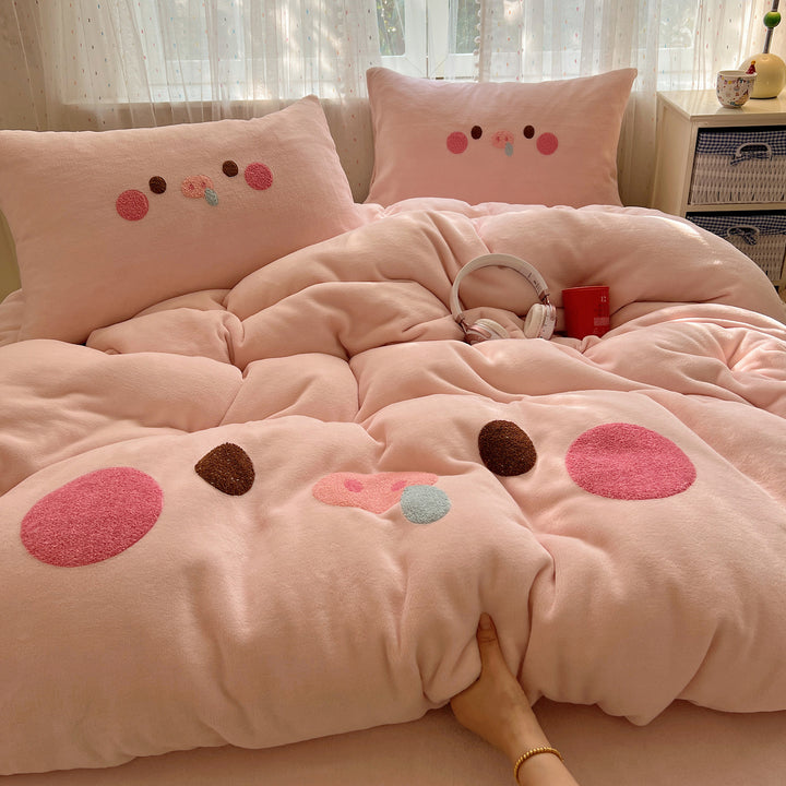 Plush Embroidered Kawaii Cat Comforter Set