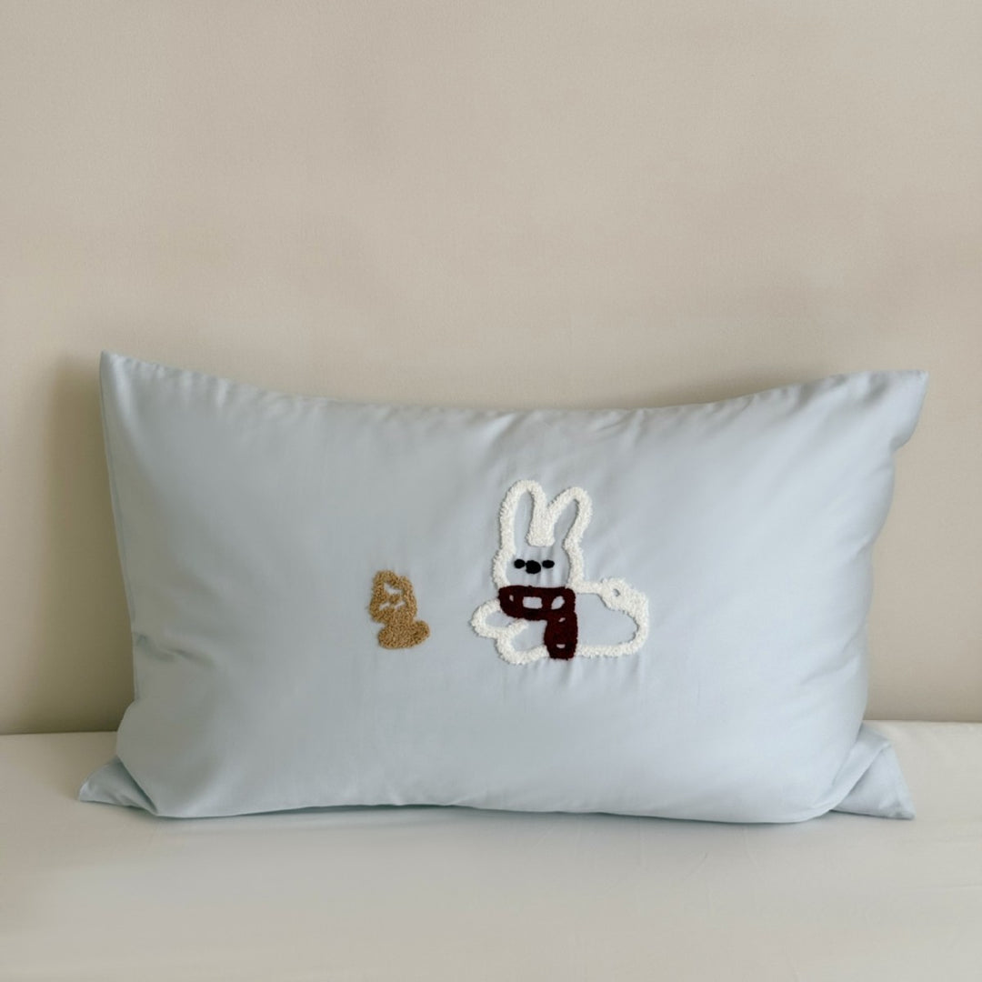 Children's Cotton Sateen Pillowcase with Embroidered Bunny Appliqué & Decorative Bow