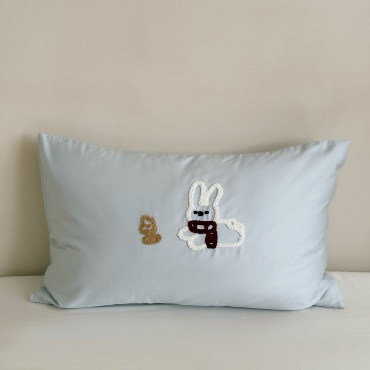 Children's Cotton Sateen Pillowcase with Embroidered Bunny Appliqué & Decorative Bow