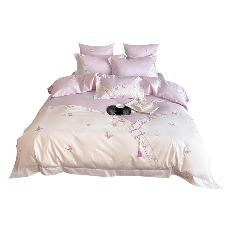 Butterfly-Embroidered Satin-Feel Cotton Sateen Duvet Cover Set with Decorative Shams