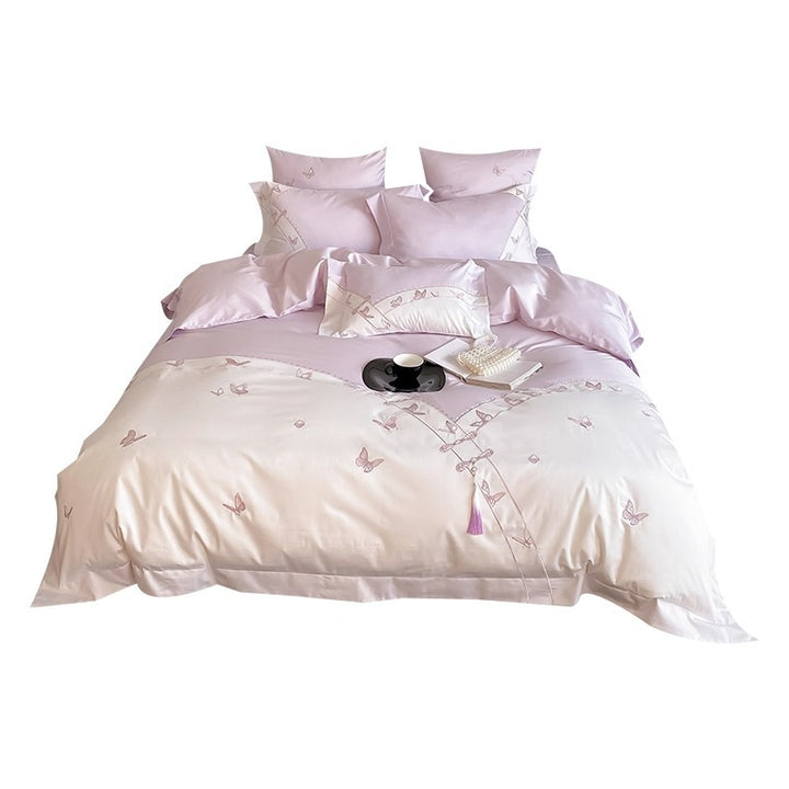 Butterfly-Embroidered Satin-Feel Cotton Sateen Duvet Cover Set with Decorative Shams