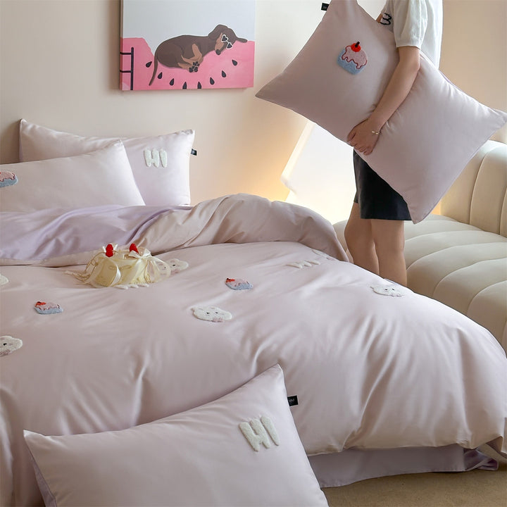 Embroidered Appliqué Satin-Like Duvet Cover Set with Pillow Shams