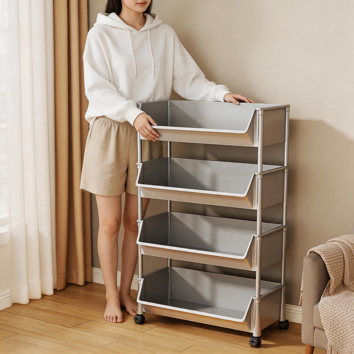 Slim Multi-Tier Rolling Plastic Storage Cart with Deep Tilt Bins and Side Hooks