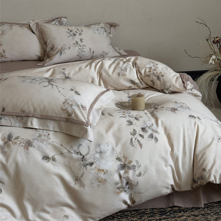 Cotton Sateen Watercolor Floral Duvet Cover Set with Piped Pillow Shams