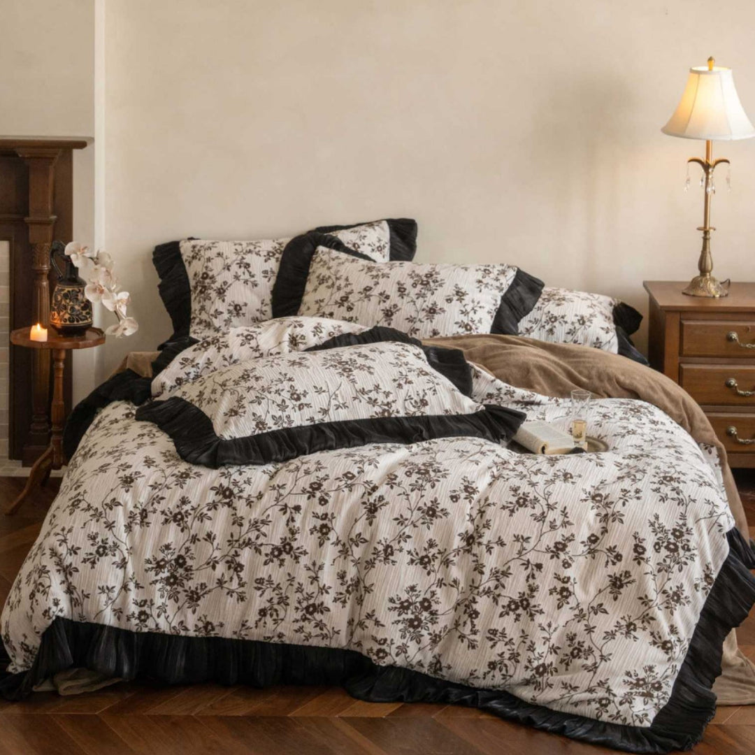 Reversible Floral Cotton Duvet Cover Set with Velvet Ruffle Trim and Matching Pillow Shams