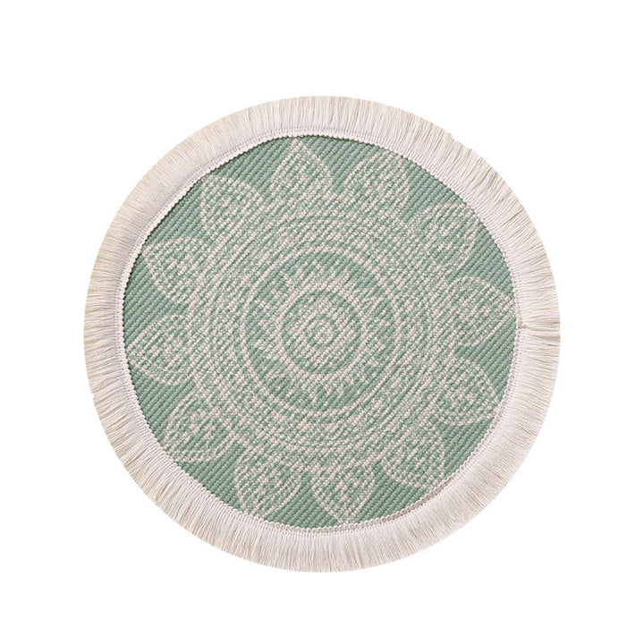 Round woven placemat with fringes and mandala jacquard structure Stornfield