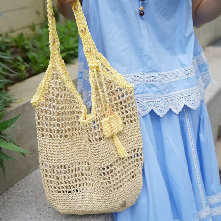 Tote bag made from hand-crocheted yarn with ergonomic shoulder straps Stornfield