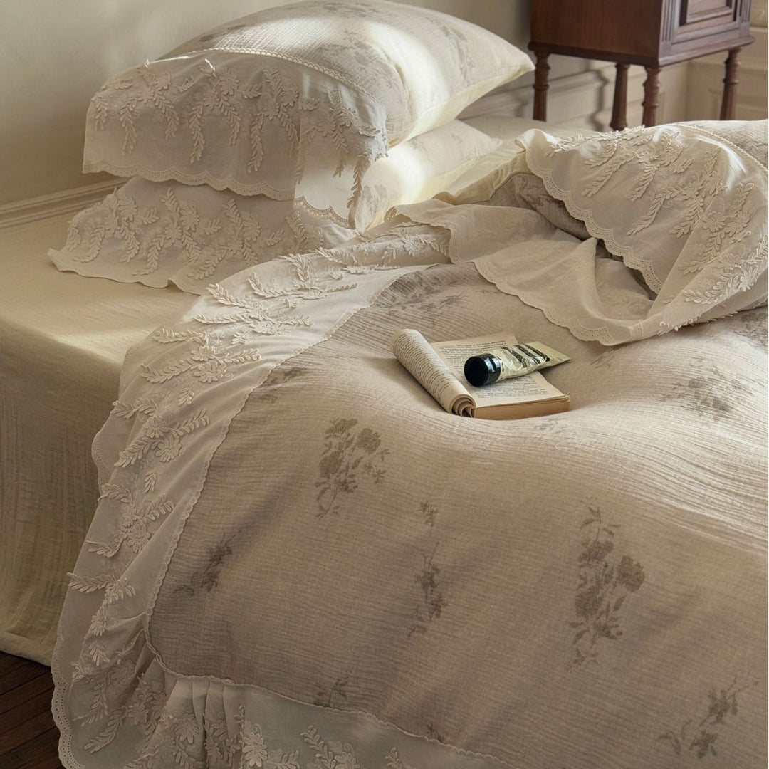 Vintage Floral Embroidered Ruffled Duvet Cover Set