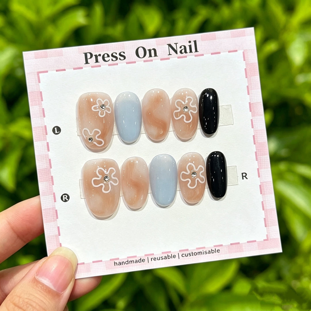Artistic Press-On Nail Set with Floral Accents  1791773601