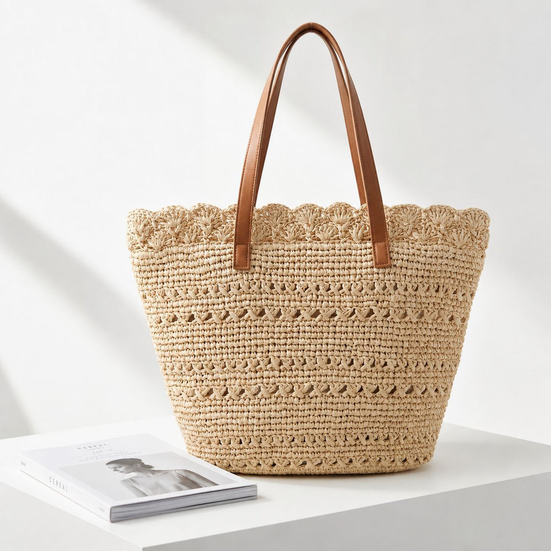 Beach bag with handcrafted crochet pattern and leather handles Stornfield