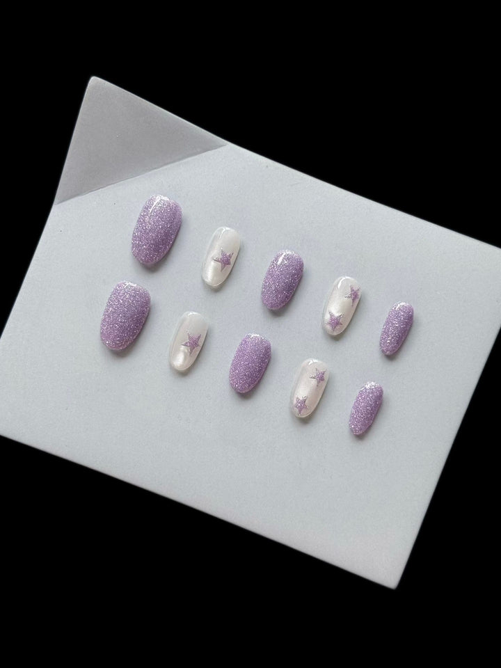 Glittery Press-On Nail Set with Star Accents
