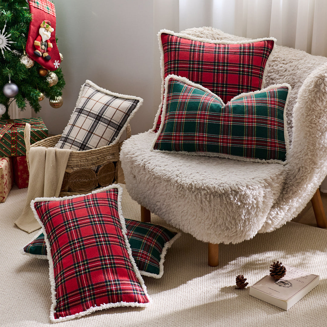 Plaid Sherpa-Trim Square Decorative Throw Pillow Cover