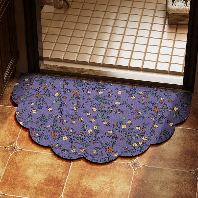 Floral Pattern Scalloped Bath Mat for Bathroom