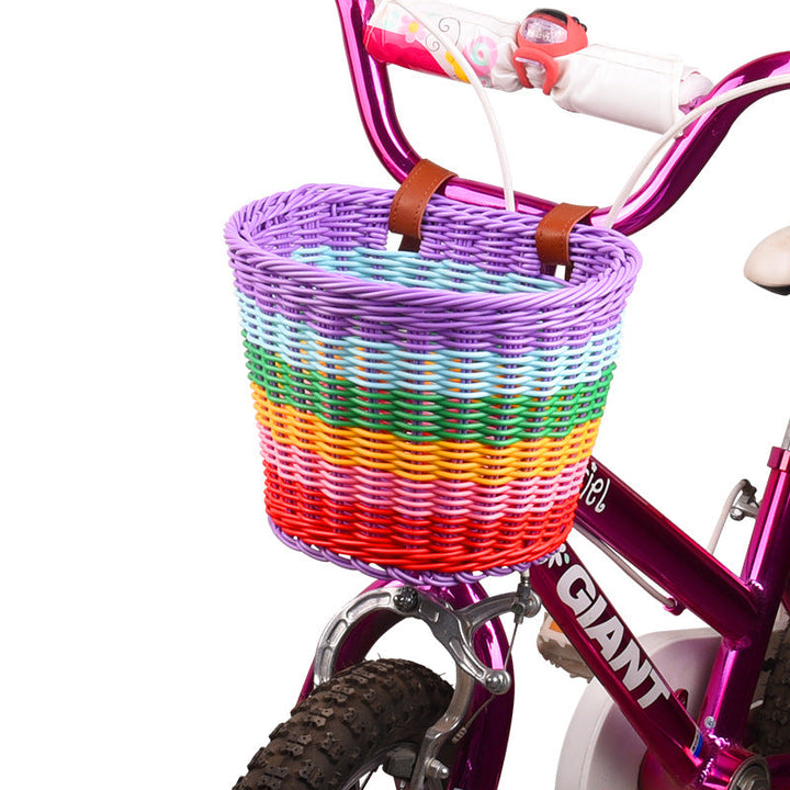woven front bicycle basket with adjustable leather handlebar straps Stornfield