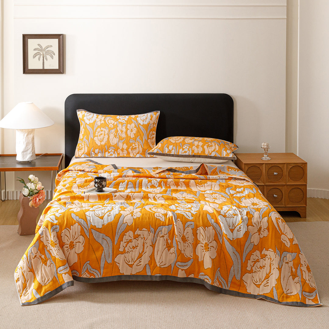 Jacquard Woven Bedspread and Pillowcase Ensemble with Scenic Tree and Deer Motif