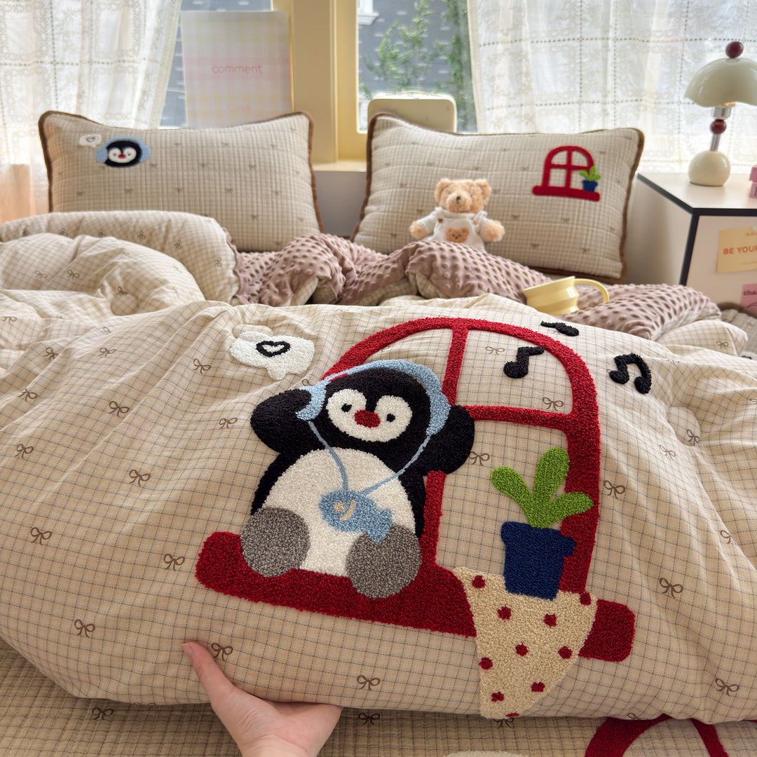 Plush Reversible Duvet Cover Set with Embroidered Rabbit Applique