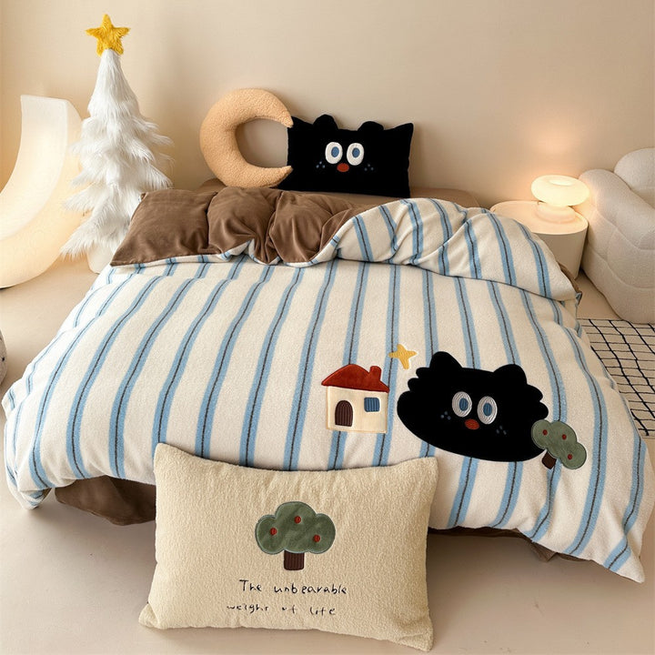 Plush Reversible Striped Duvet Cover Set with Embroidered Cartoon Appliqué