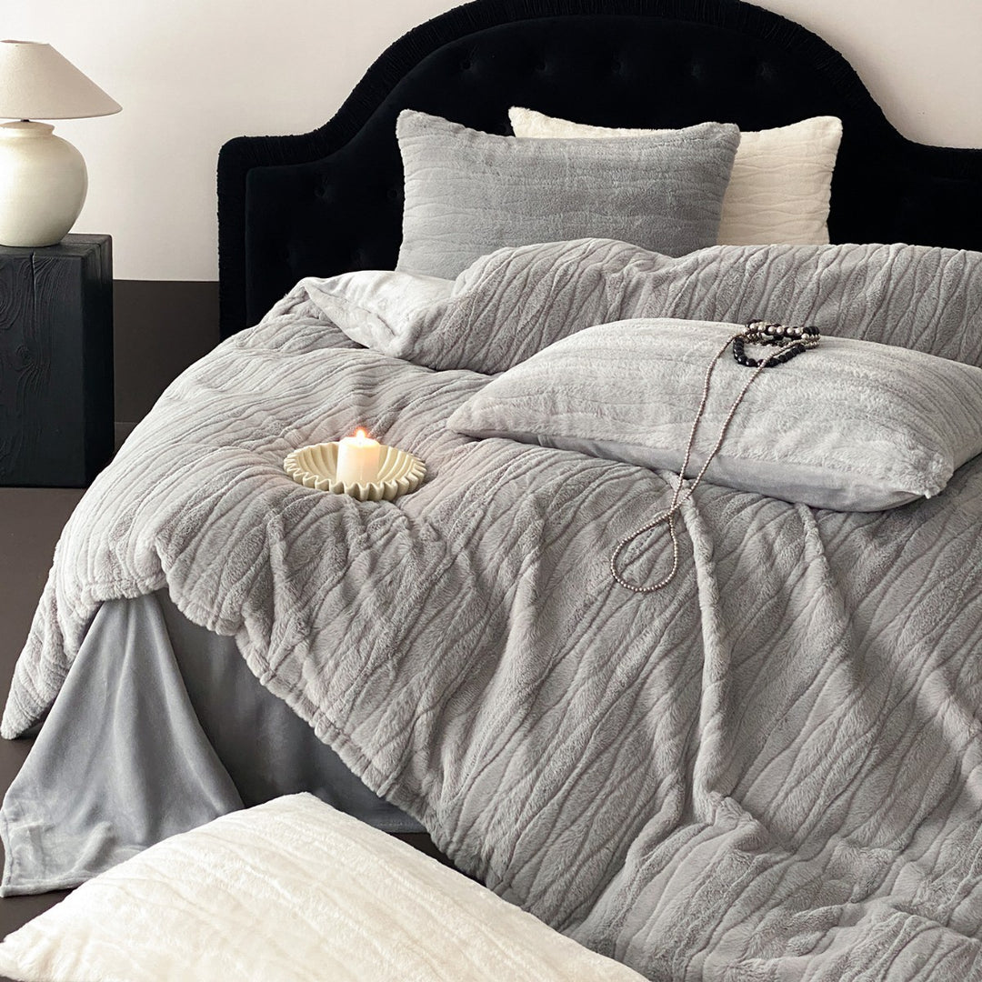 Embossed Floral Jacquard Duvet Cover Set with Ruffled Pillow Shams