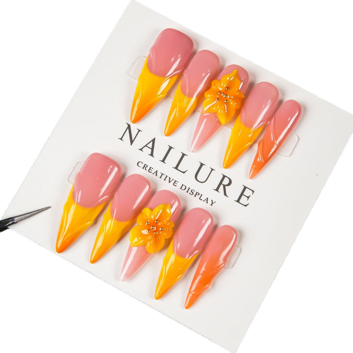 Artistic Stiletto Press-On Nail Set with Flower Accents
