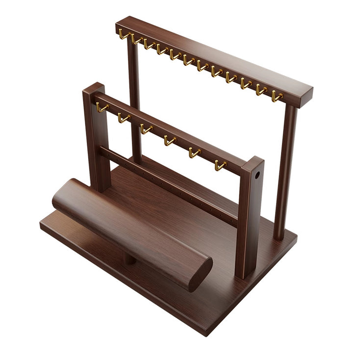 Wooden Dual-Tier Jewelry Organizer Stand with Necklace Hooks and Bracelet Display Bar